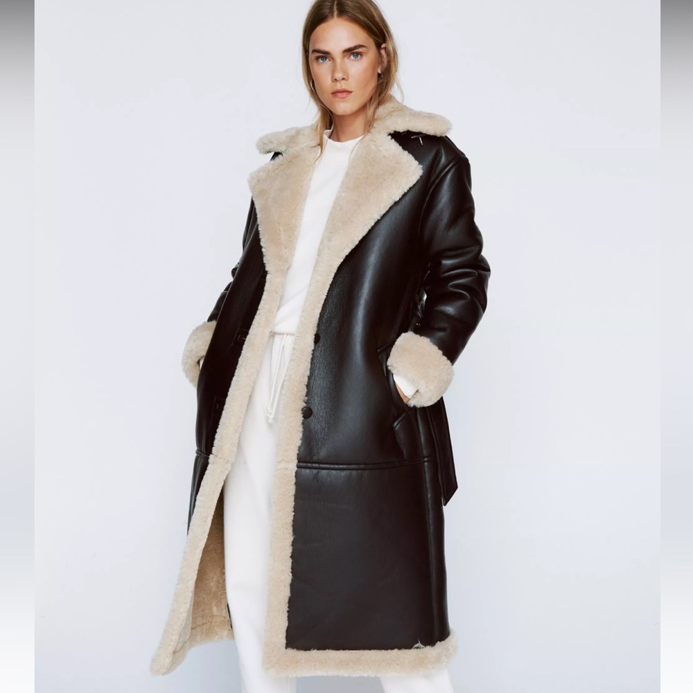 NWT Premium Faux Leather Belted Borg Lined Coat